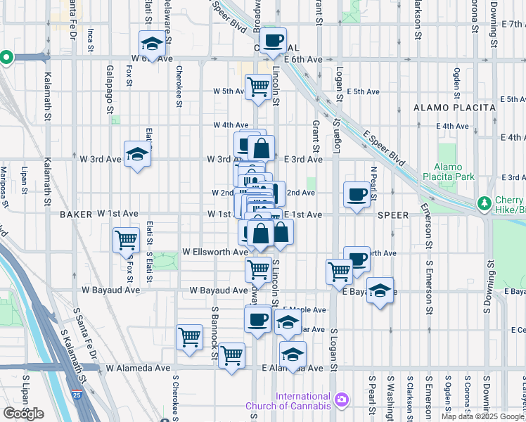 map of restaurants, bars, coffee shops, grocery stores, and more near 55 East 1st Avenue in Denver