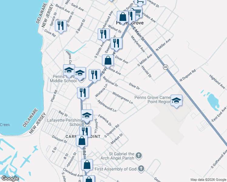 map of restaurants, bars, coffee shops, grocery stores, and more near 237 Wintergreen Lane in Carneys Point Township