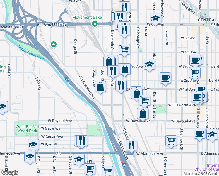 map of restaurants, bars, coffee shops, grocery stores, and more near 100 Kalamath Street in Denver