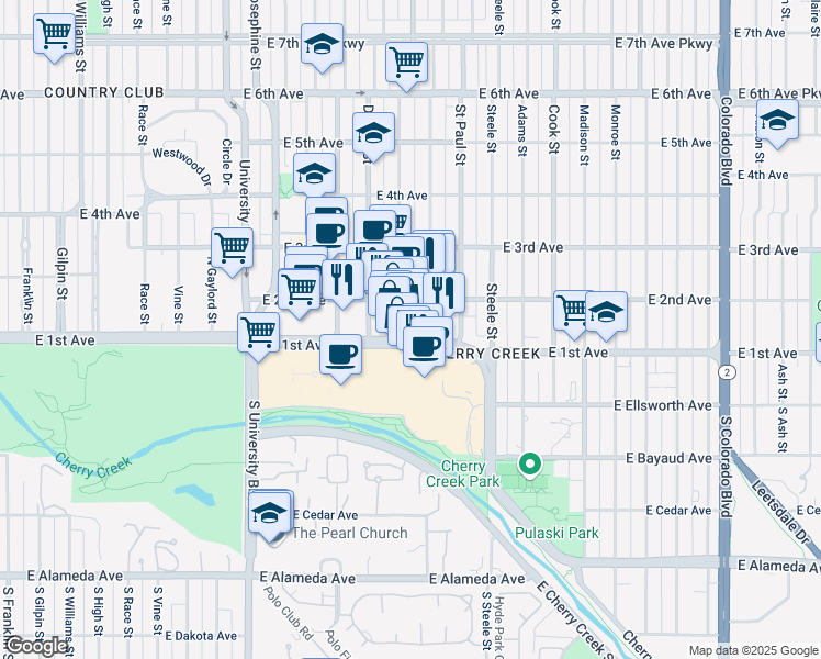 map of restaurants, bars, coffee shops, grocery stores, and more near 3000 East 1st Avenue in Denver