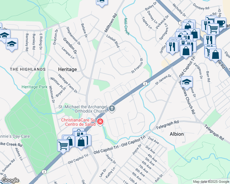 map of restaurants, bars, coffee shops, grocery stores, and more near 5141 West Woodmill Drive in Wilmington