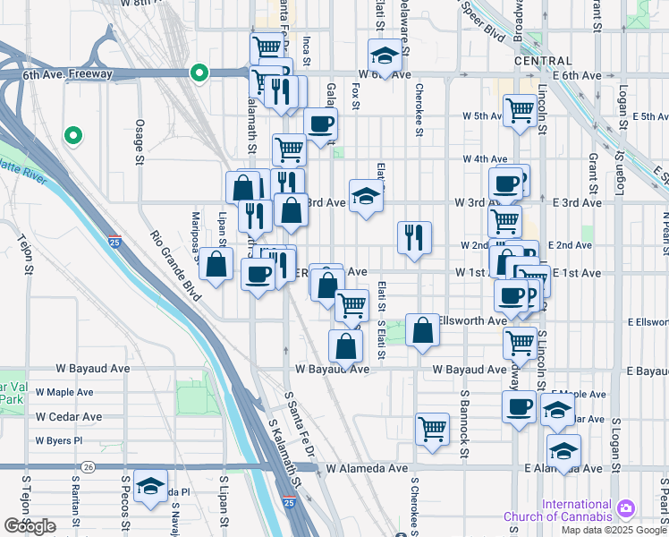map of restaurants, bars, coffee shops, grocery stores, and more near 100 Galapago Street in Denver