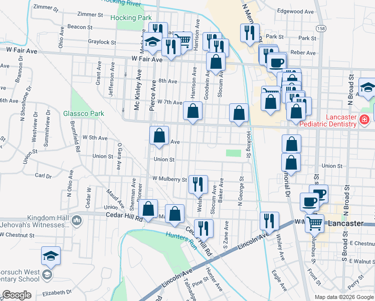 map of restaurants, bars, coffee shops, grocery stores, and more near 421 Harrison Avenue in Lancaster