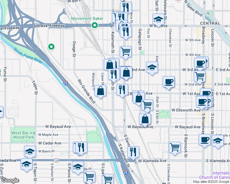 map of restaurants, bars, coffee shops, grocery stores, and more near 100 Kalamath Street in Denver