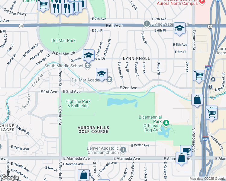 map of restaurants, bars, coffee shops, grocery stores, and more near 12568 East 2nd Avenue in Aurora