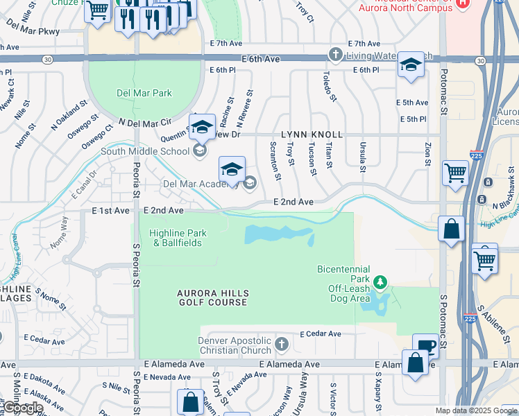 map of restaurants, bars, coffee shops, grocery stores, and more near 12568 East 2nd Avenue in Aurora