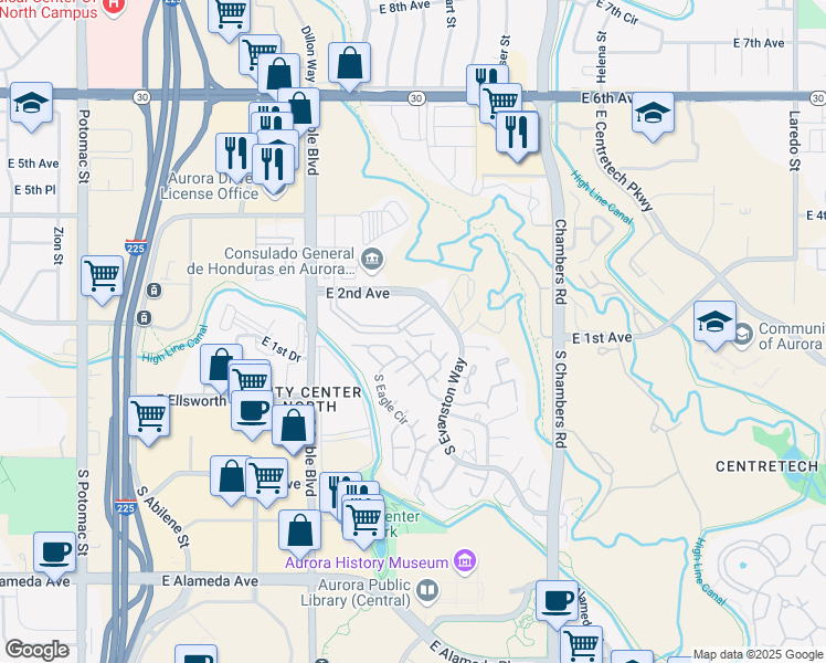map of restaurants, bars, coffee shops, grocery stores, and more near 14806 East 2nd Avenue in Aurora