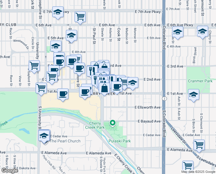 map of restaurants, bars, coffee shops, grocery stores, and more near 135 Adams Street in Denver