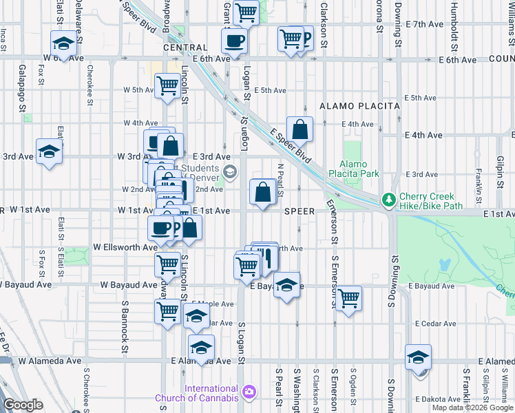 map of restaurants, bars, coffee shops, grocery stores, and more near 421 East 1st Avenue in Denver