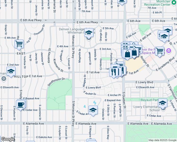 map of restaurants, bars, coffee shops, grocery stores, and more near 103 Newport Street in Denver