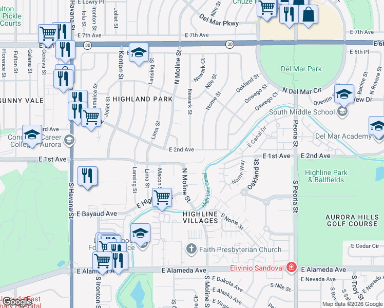 map of restaurants, bars, coffee shops, grocery stores, and more near 11612 East 2nd Avenue in Aurora