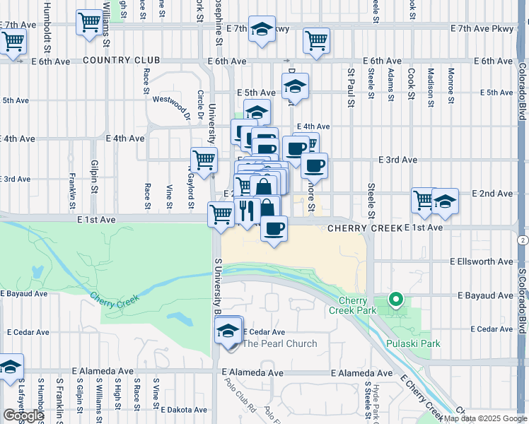 map of restaurants, bars, coffee shops, grocery stores, and more near 101 Clayton Lane in Denver