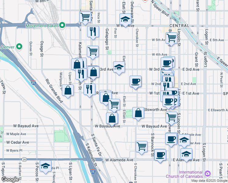 map of restaurants, bars, coffee shops, grocery stores, and more near 103 Fox Street in Denver