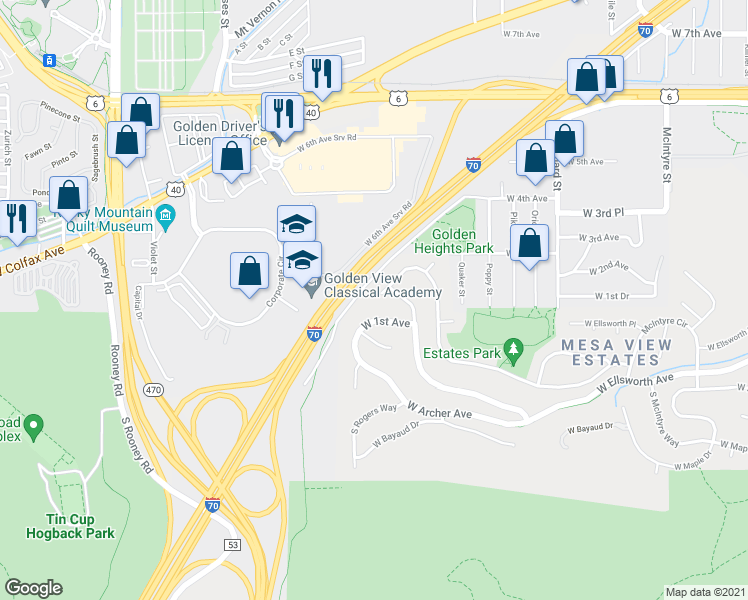 map of restaurants, bars, coffee shops, grocery stores, and more near 16735 West 2nd Avenue in Golden