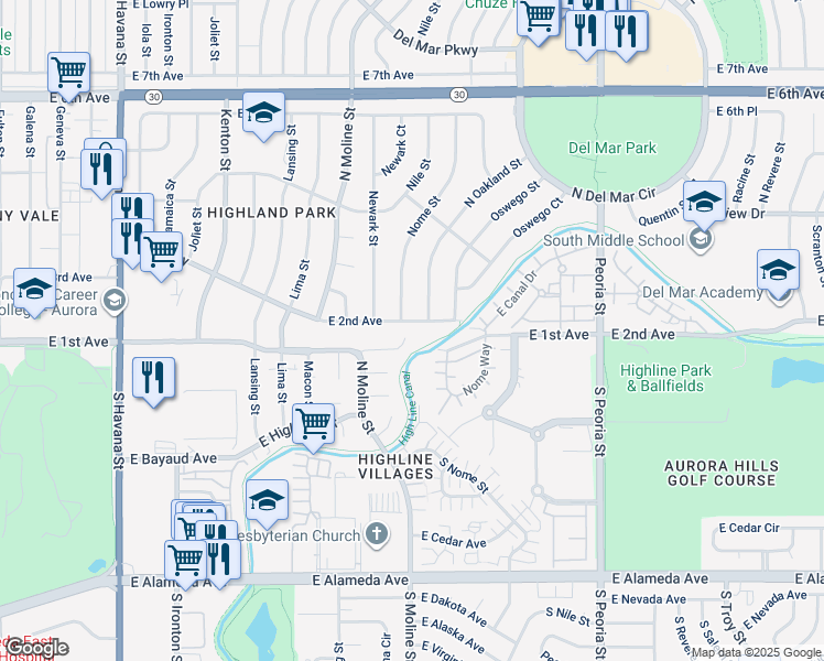 map of restaurants, bars, coffee shops, grocery stores, and more near 11744 E 2nd Ave in Aurora