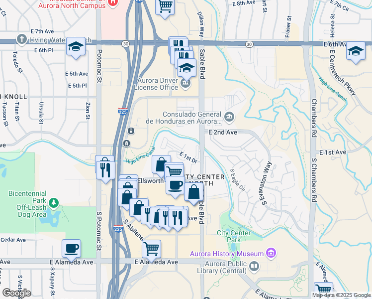 map of restaurants, bars, coffee shops, grocery stores, and more near 14439 East 1st Drive in Aurora