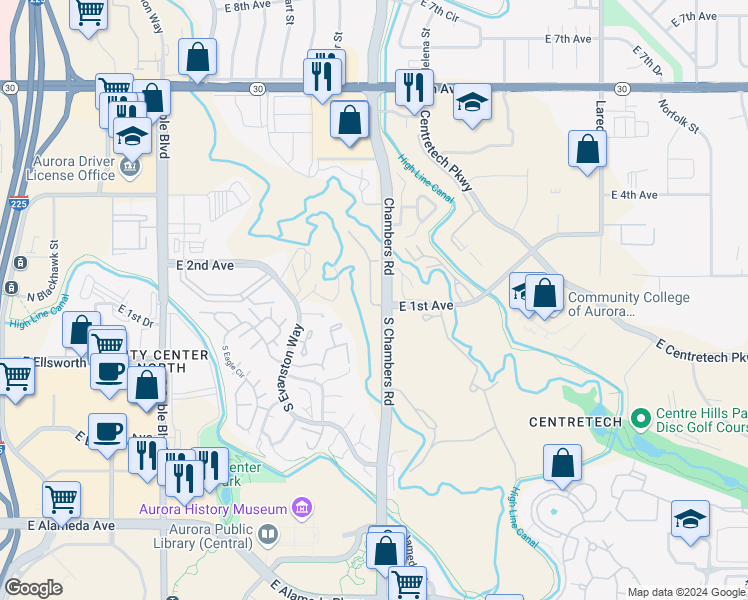 map of restaurants, bars, coffee shops, grocery stores, and more near 120 Granby Street in Aurora