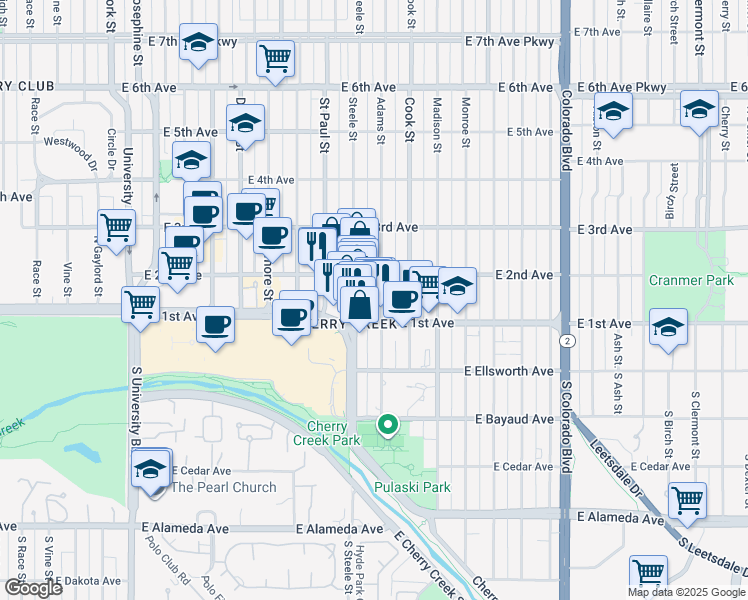 map of restaurants, bars, coffee shops, grocery stores, and more near 135 Adams Street in Denver