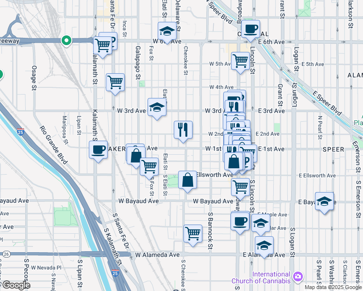map of restaurants, bars, coffee shops, grocery stores, and more near 309 West 1st Avenue in Denver