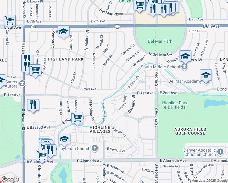 map of restaurants, bars, coffee shops, grocery stores, and more near 11896 East 2nd Avenue in Aurora
