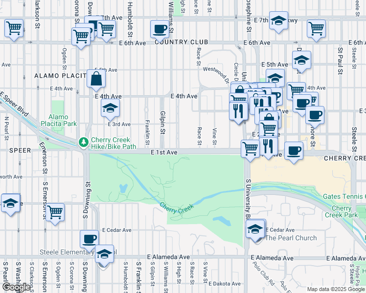 map of restaurants, bars, coffee shops, grocery stores, and more near 100 High Street in Denver