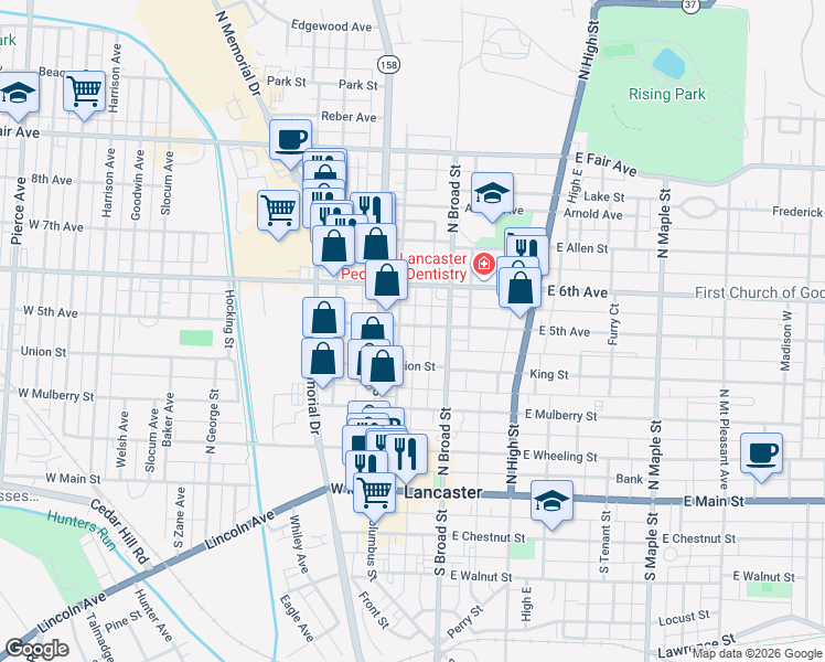 map of restaurants, bars, coffee shops, grocery stores, and more near 136 West 5th Avenue in Lancaster