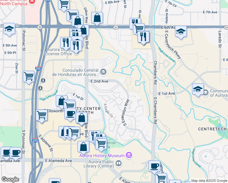 map of restaurants, bars, coffee shops, grocery stores, and more near 14806 East 2nd Avenue in Aurora
