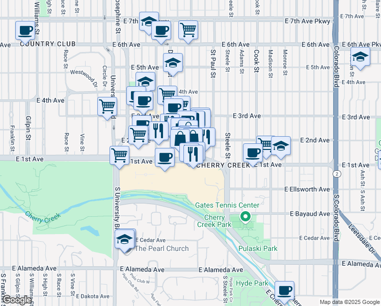 map of restaurants, bars, coffee shops, grocery stores, and more near 3000 East 1st Avenue in Denver