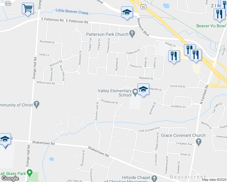 map of restaurants, bars, coffee shops, grocery stores, and more near 3706 Red Oak Court in Beavercreek