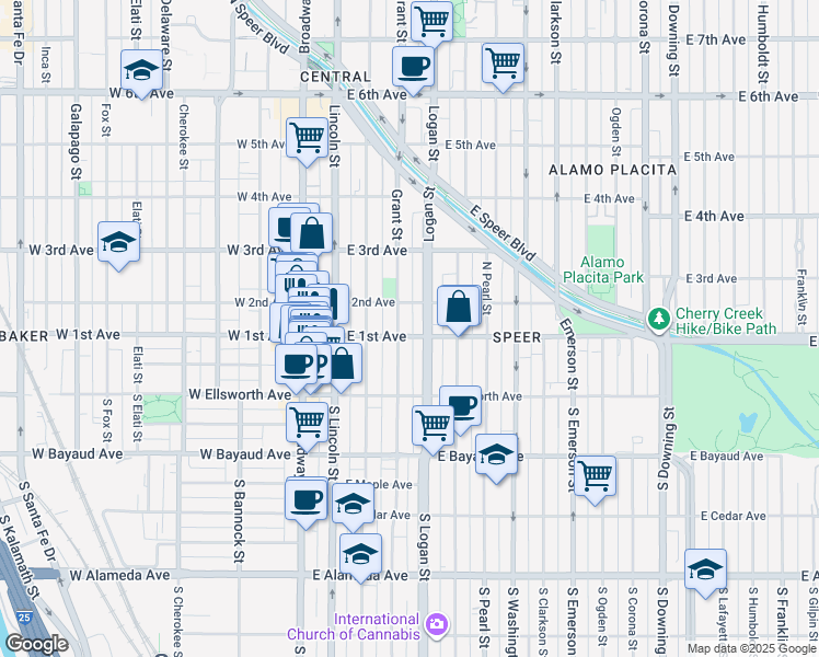 map of restaurants, bars, coffee shops, grocery stores, and more near 104 Grant Street in Denver