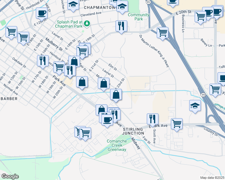 map of restaurants, bars, coffee shops, grocery stores, and more near 2294 Mulberry Street in Chico