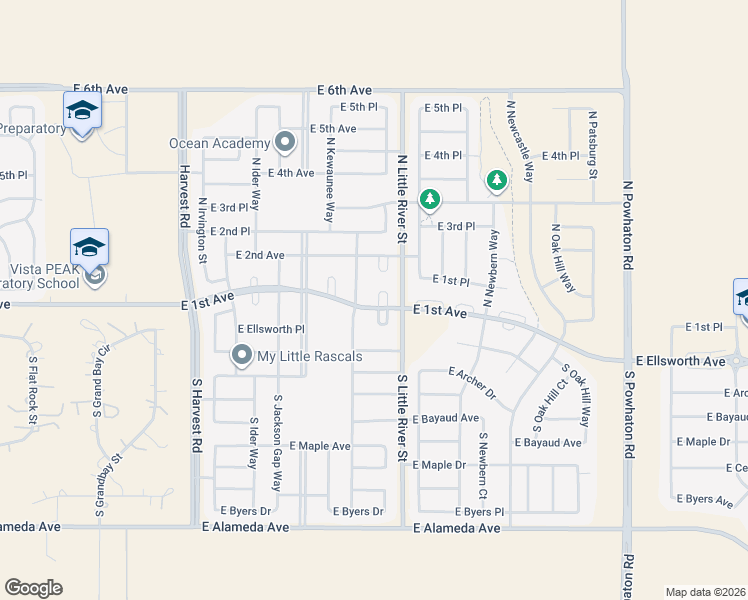 map of restaurants, bars, coffee shops, grocery stores, and more near 108 North Kellerman Street in Aurora