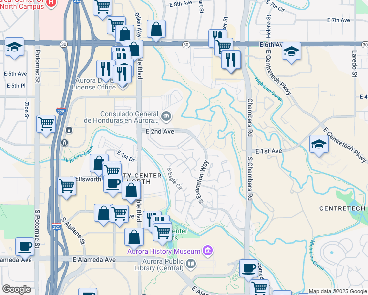 map of restaurants, bars, coffee shops, grocery stores, and more near 14806 East 2nd Avenue in Aurora