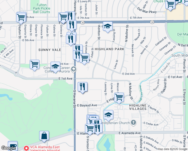 map of restaurants, bars, coffee shops, grocery stores, and more near 101 Kenton Street in Aurora