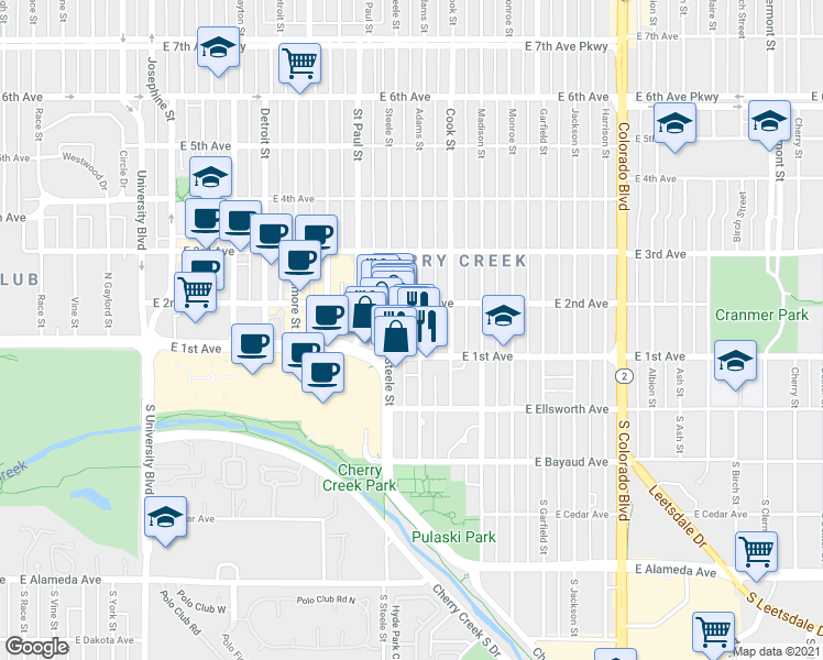 map of restaurants, bars, coffee shops, grocery stores, and more near 135 Adams Street in Denver