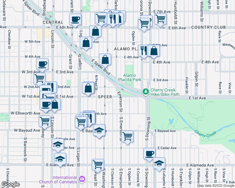map of restaurants, bars, coffee shops, grocery stores, and more near 100 North Clarkson street in Denver