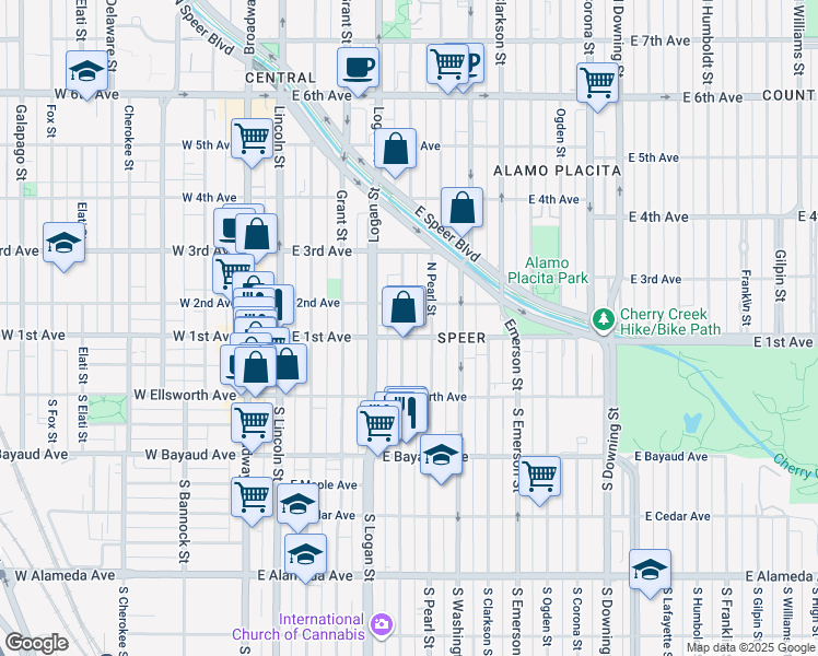 map of restaurants, bars, coffee shops, grocery stores, and more near 103 Pearl Street in Denver