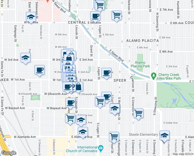 map of restaurants, bars, coffee shops, grocery stores, and more near 104 Grant Street in Denver