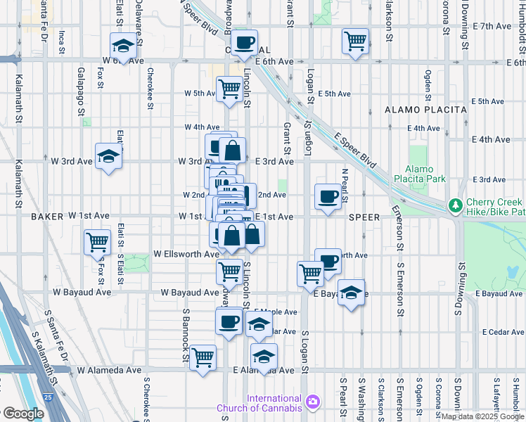 map of restaurants, bars, coffee shops, grocery stores, and more near 100 Sherman Street in Denver