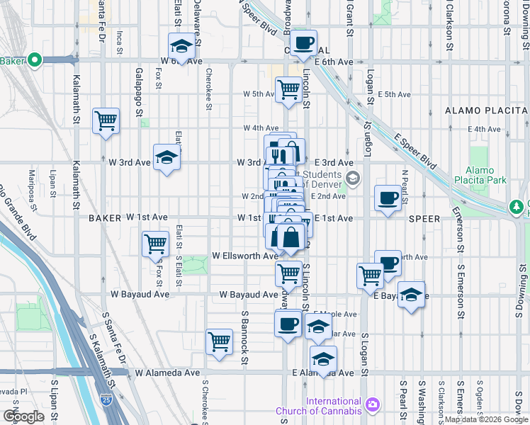 map of restaurants, bars, coffee shops, grocery stores, and more near 107 Acoma Street in Denver