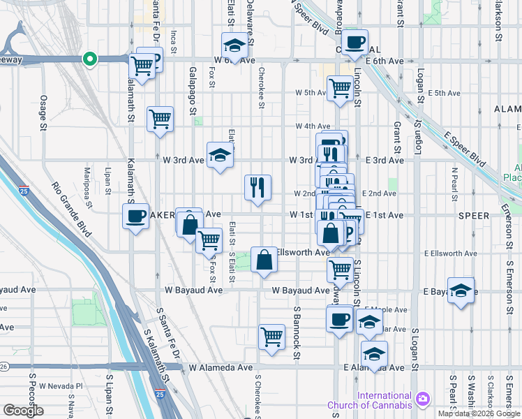 map of restaurants, bars, coffee shops, grocery stores, and more near 309 West 1st Avenue in Denver