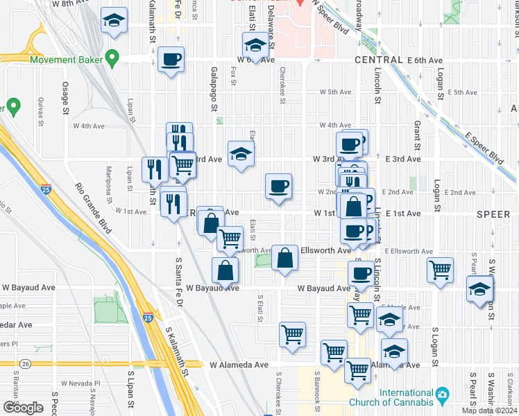 map of restaurants, bars, coffee shops, grocery stores, and more near 443 West 1st Avenue in Denver