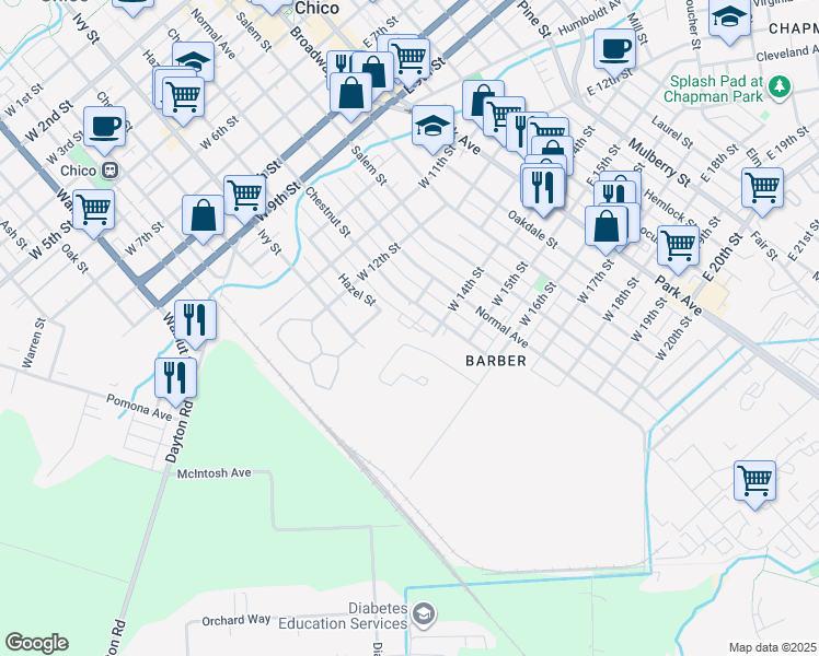 map of restaurants, bars, coffee shops, grocery stores, and more near 532 West 14th Street in Chico