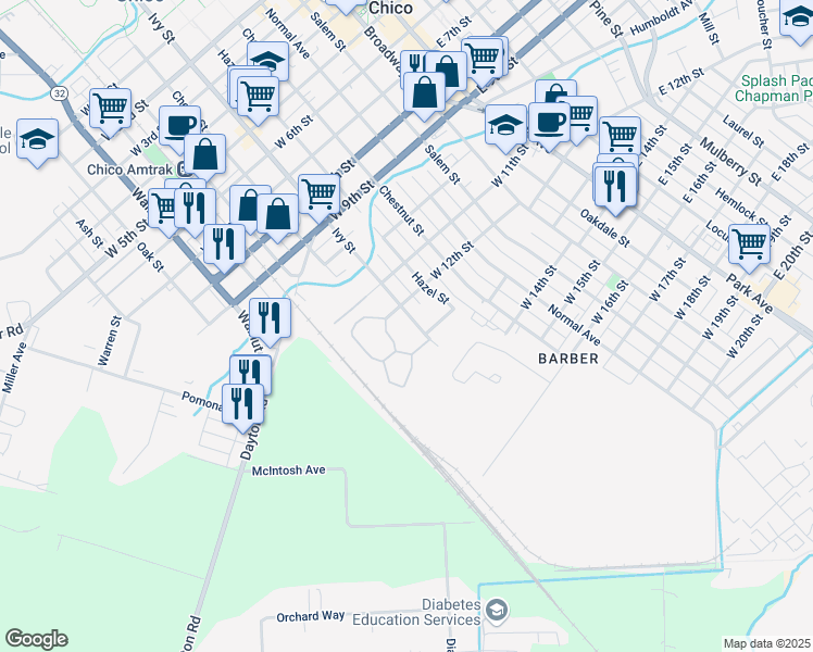 map of restaurants, bars, coffee shops, grocery stores, and more near 1232 Ivy Street in Chico