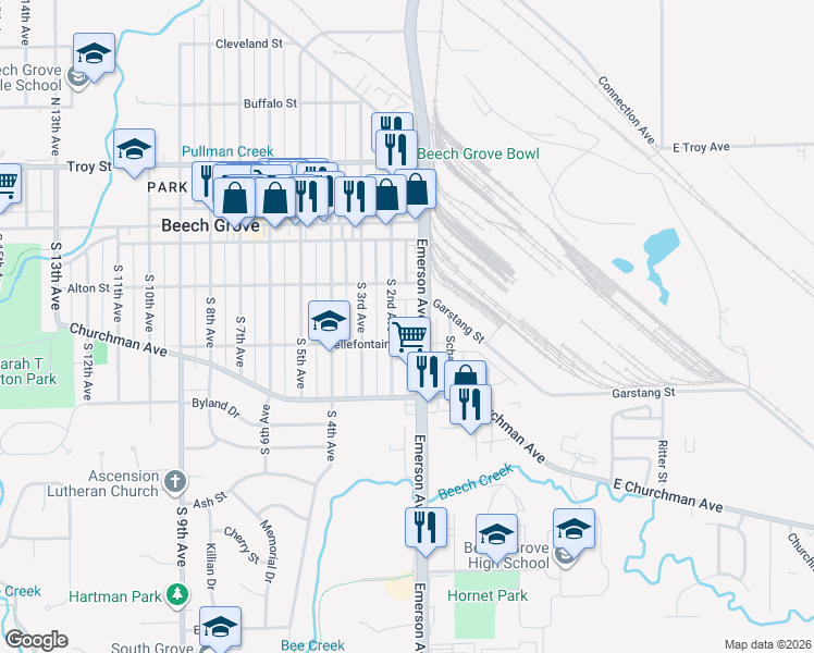 map of restaurants, bars, coffee shops, grocery stores, and more near 151 South 2nd Avenue in Beech Grove