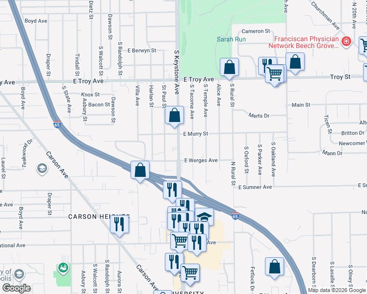 map of restaurants, bars, coffee shops, grocery stores, and more near 3226 South Keystone Avenue in Indianapolis