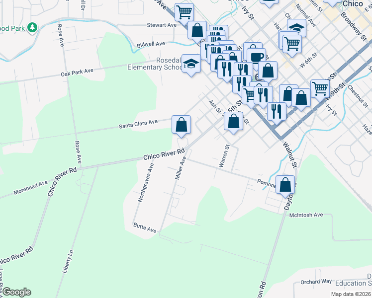 map of restaurants, bars, coffee shops, grocery stores, and more near 501 Miller Avenue in Chico