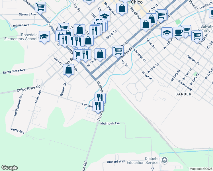map of restaurants, bars, coffee shops, grocery stores, and more near 1024 Dayton Road in Chico