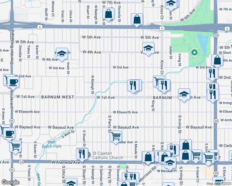 map of restaurants, bars, coffee shops, grocery stores, and more near 121 Osceola Street in Denver