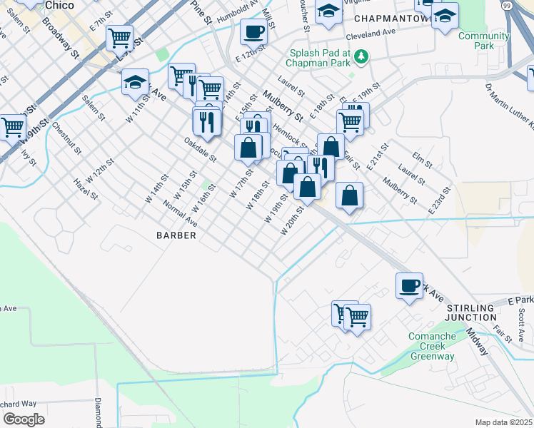 map of restaurants, bars, coffee shops, grocery stores, and more near 142 West 19th Street in Chico